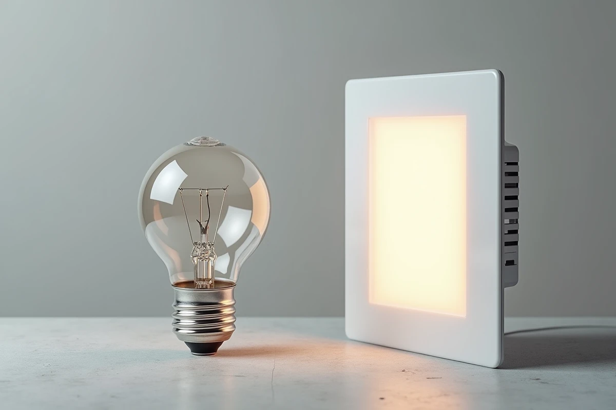 Comparaison en gros plan d'une ampoule halogène et d'un module LED pour lampadaire sur surface en béton minimaliste