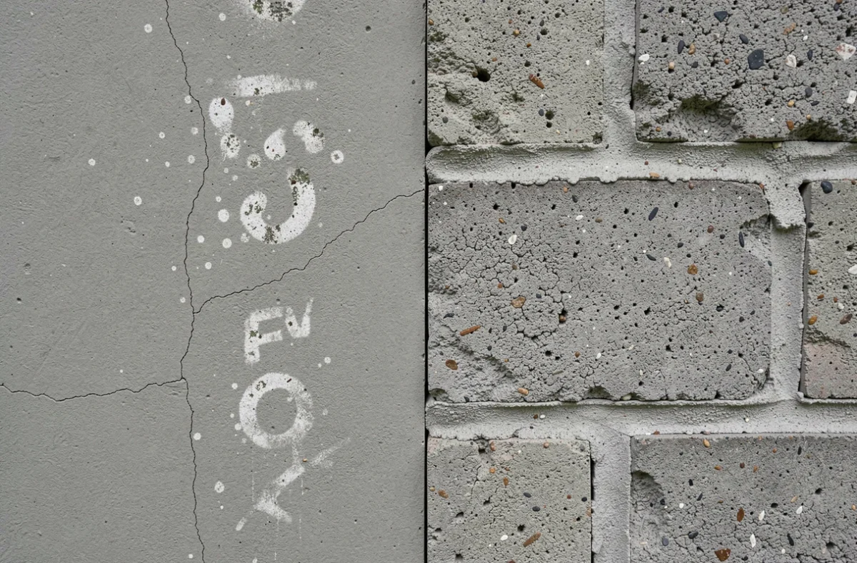 Comparaison avant-après d'un mur de jardin avec enduit Terrasto à gauche et béton brut à droite