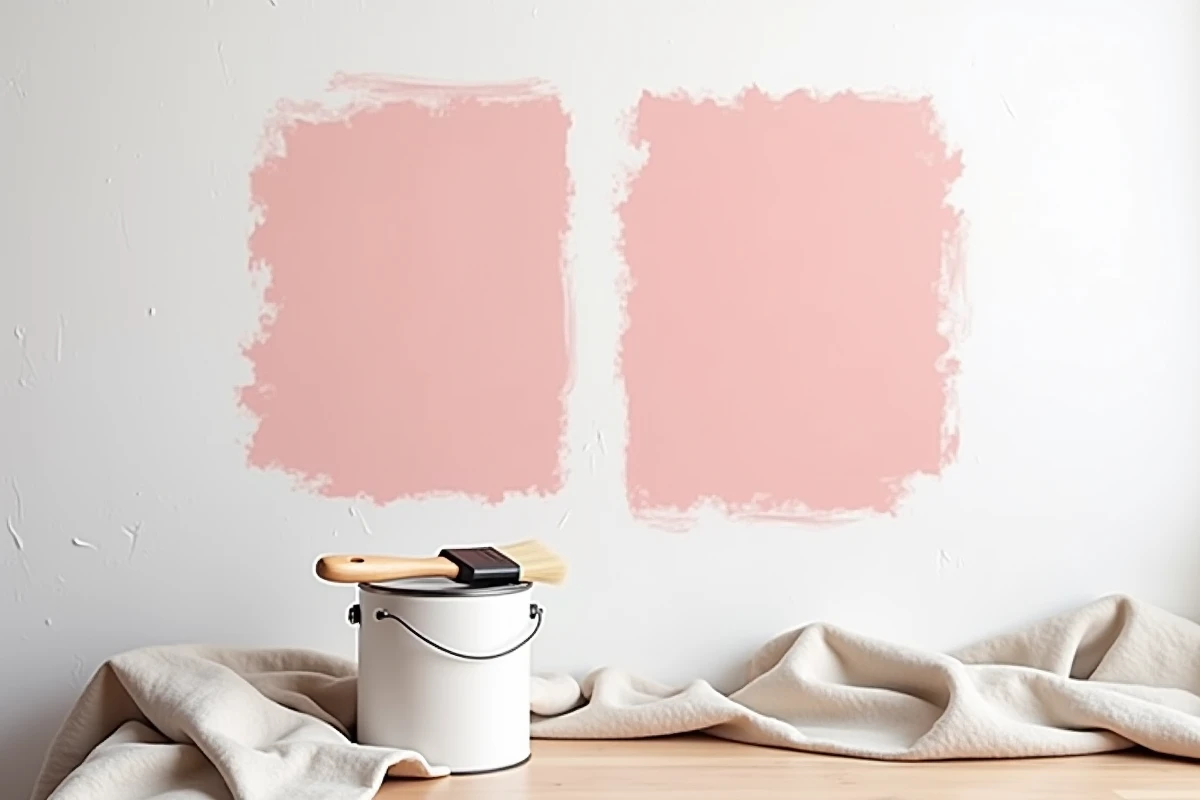Comparaison de deux finitions peinture rose mate et satinée sur un mur en plâtre blanc
