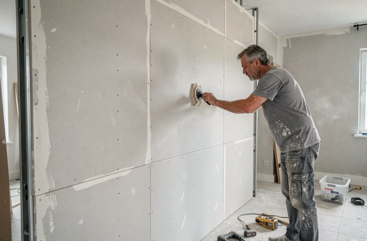 Homme en train de poncer un mur en placo pour la construction d'un meuble TV sur mesure avec niches dans un salon en rénovation