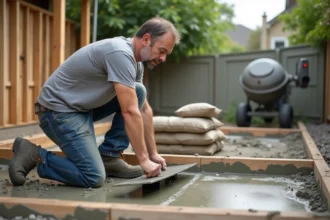 Homme en train de lisser une dalle béton fraîchement coulée dans un jardin, outillage de chantier DIY visible en arrière-plan