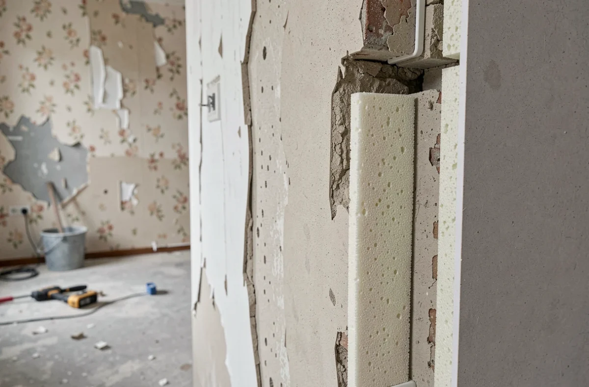 Coupe transversale d'un mur intérieur révélant les couches de placo isolant thermique avec mousse polyuréthane