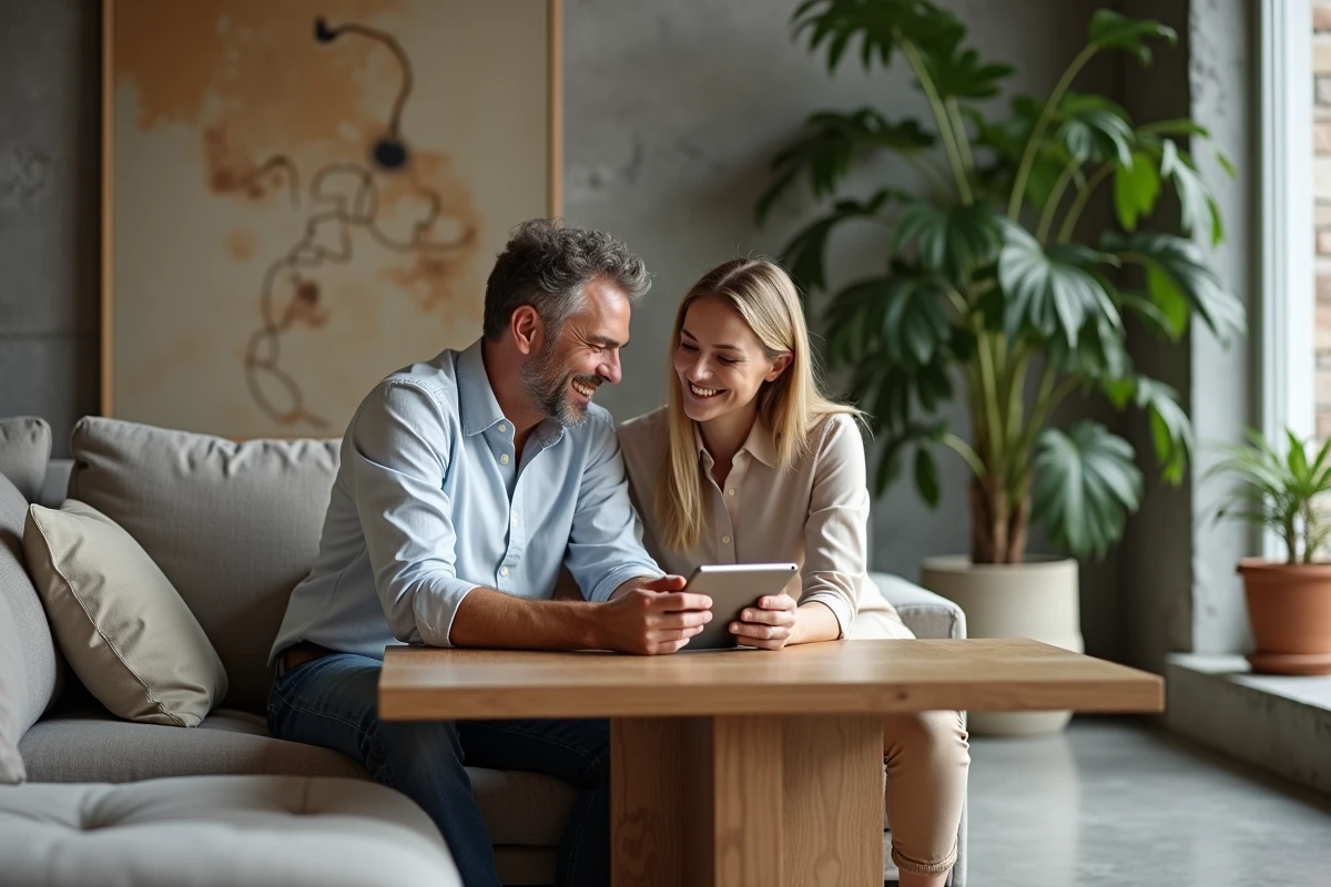 Couple souriant assis à une table en bois dans un salon cosy