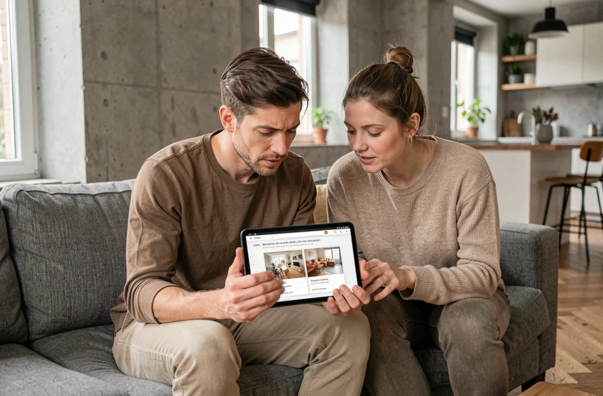 Couple évaluant les offres et limites de Foyerlumina.fr sur une tablette dans leur appartement en 2026