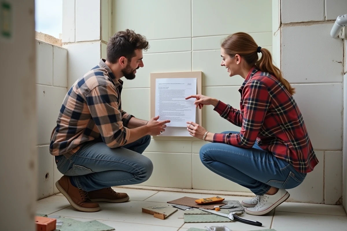 Couple de bricoleurs étudiant ensemble une fiche pratique de rénovation collée au mur dans une salle de bain en chantier
