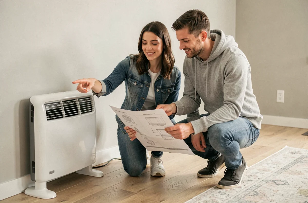 Couple inspectant un radiateur électrique dans un salon vide lors d'un emménagement, illustrant les démarches EDF pour une famille nombreuse