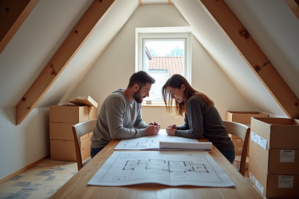Couple dans un grenier rénové avec plans et poutres apparentes