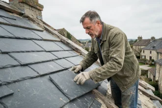 Couvreur posant de grandes ardoises sur un toit en pente dans la campagne française