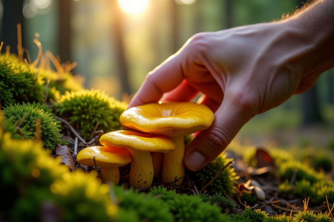 Main récoltant des chanterelles dans la forêt au matin