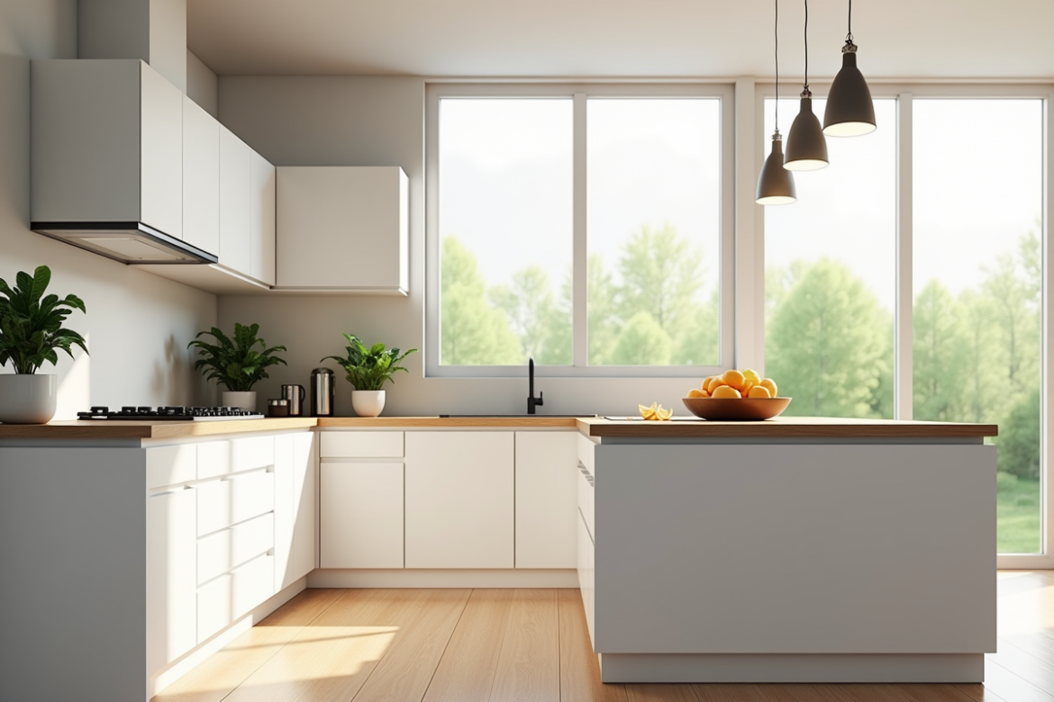 Cuisine moderne avec plans de travail en bois et plantes vertes