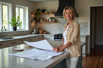 Femme d'âge moyen examinant des plans dans une cuisine moderne