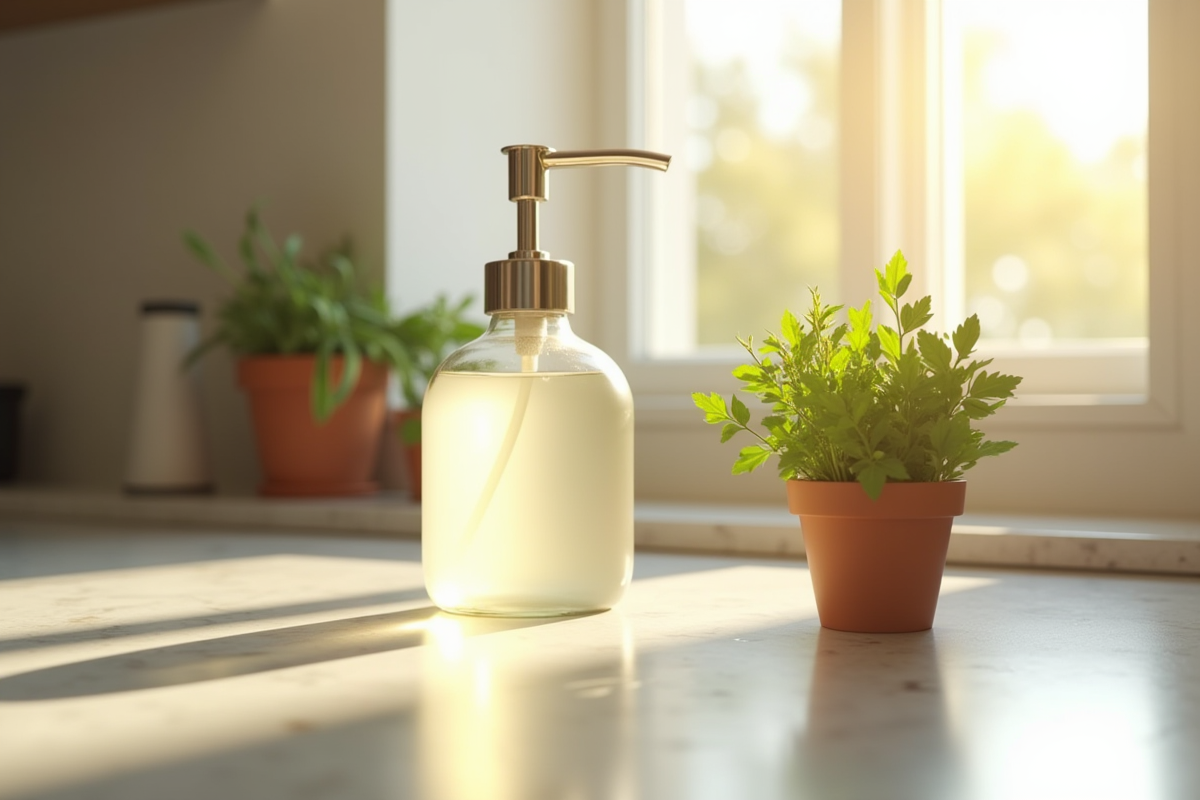 Cuisine moderne avec savon et plantes aromatiques au matin