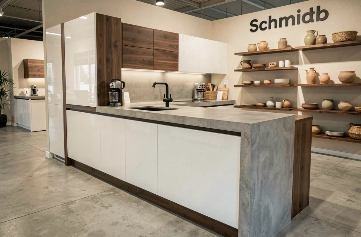 Cuisine Schmidt Marseille avec armoires blanc brillant, accents bois noyer et plan de travail effet béton