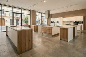 Showroom de cuisinistes à Marseille avec plusieurs espaces de présentation de cuisines modernes et équipements intégrés