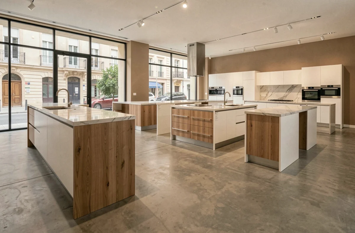 Showroom de cuisinistes à Marseille avec plusieurs espaces de présentation de cuisines modernes et équipements intégrés