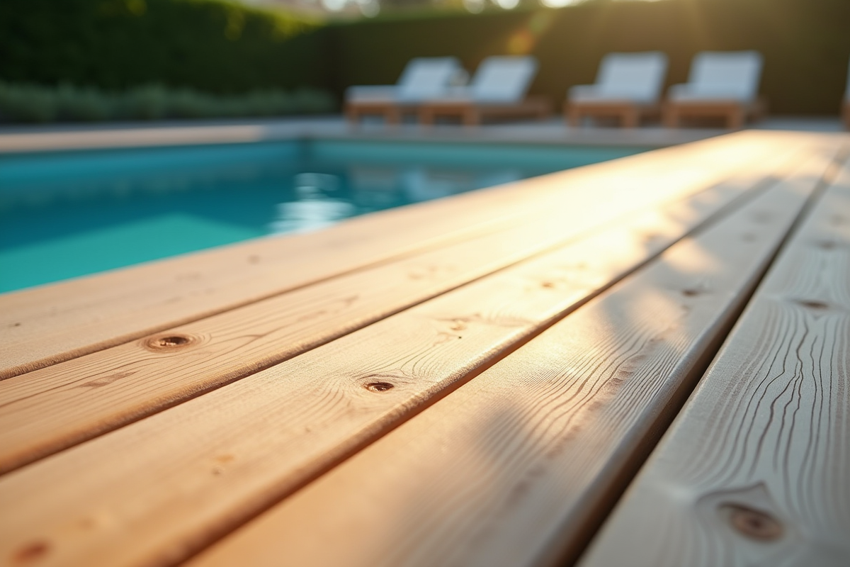 Dalles en bois naturel près de la piscine ensoleillée