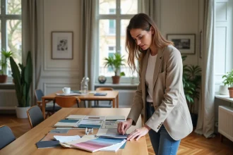 Jeune decoratrice interieur arrangeant echantillons de tissus