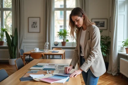 Jeune decoratrice interieur arrangeant echantillons de tissus