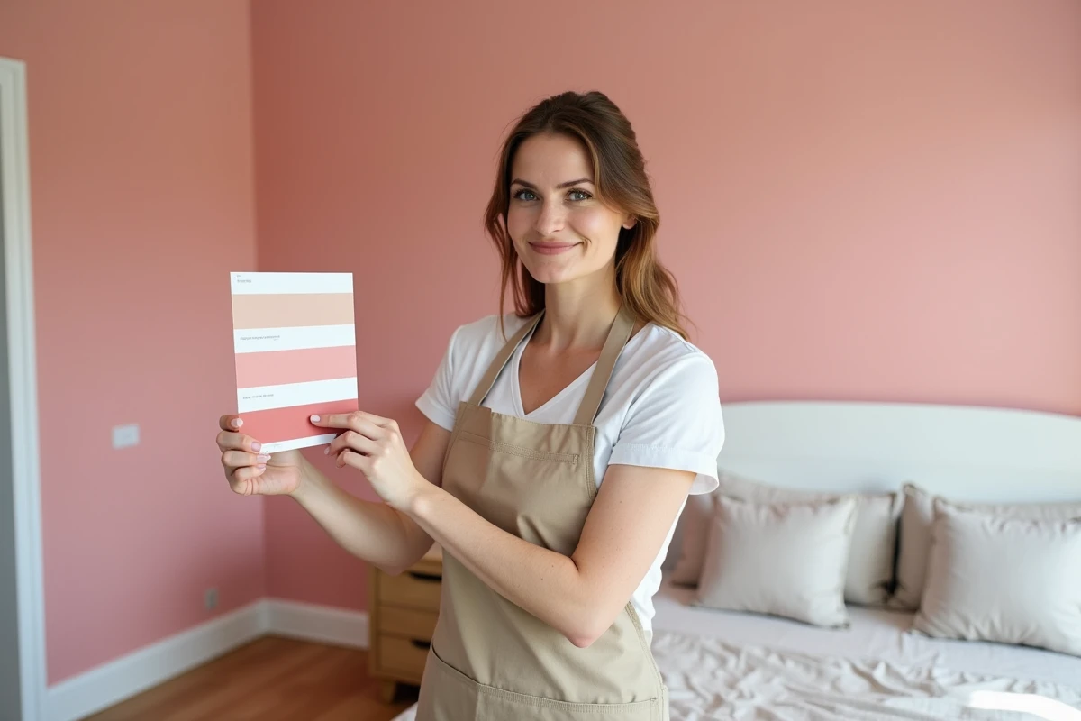 Décoratrice d'intérieur tenant un nuancier de teintes roses devant un mur en finition satinée dans une chambre rénovée