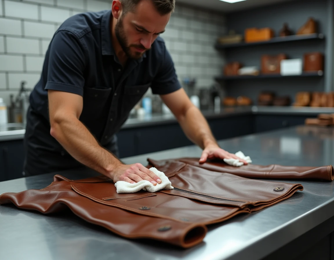 Technicien dégraissant une veste en cuir marron sur une surface en inox dans un atelier de restauration