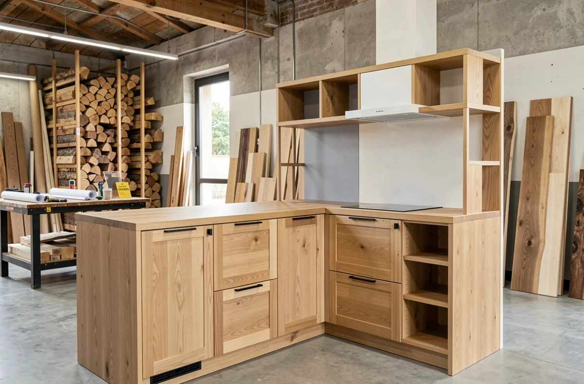 Cuisine sur mesure Delta Menuiseries Sa Marseille en bois frêne naturel avec quincaillerie noire et étagères ouvertes en atelier