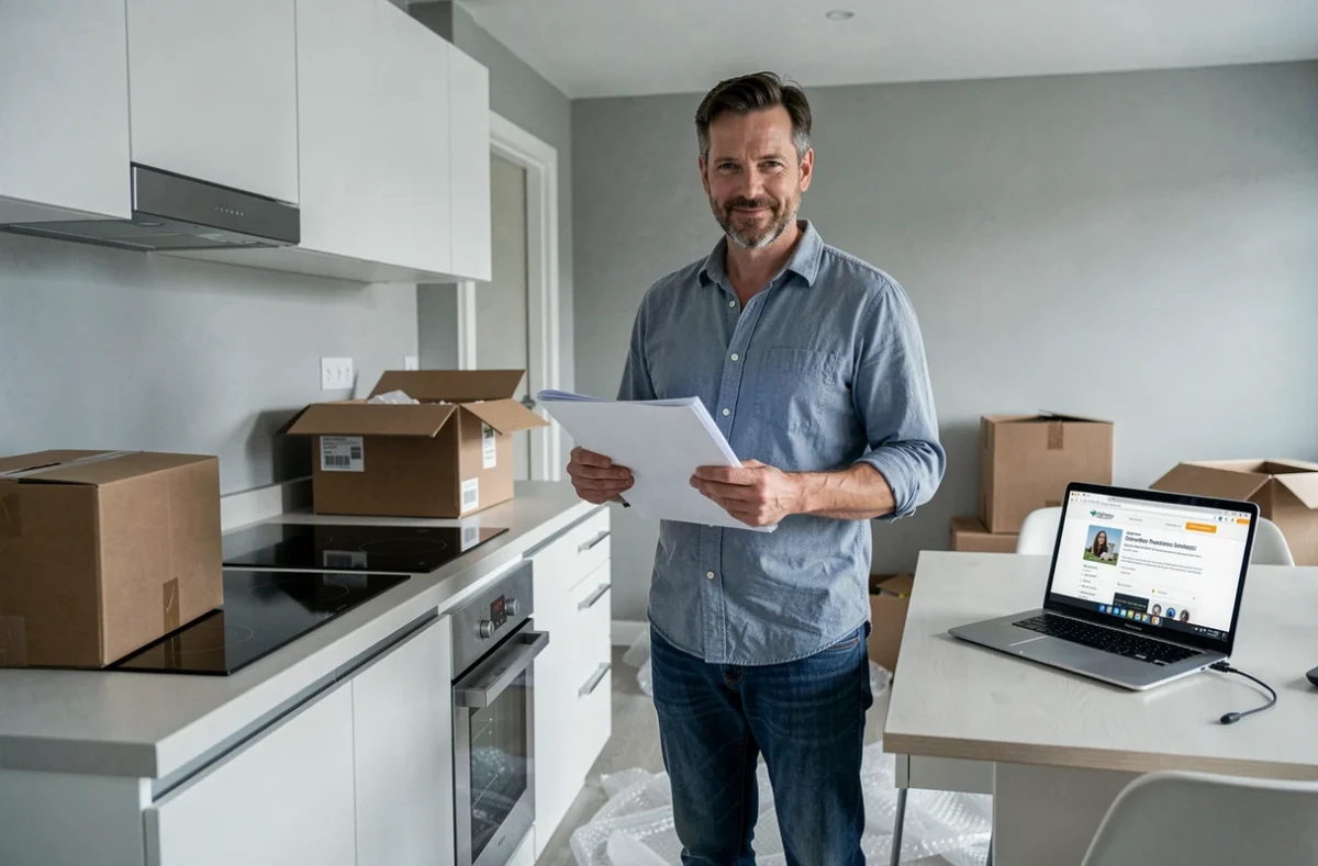 Homme gérant les démarches administratives EDF lors d'un déménagement dans une cuisine avec cartons et appareils électriques