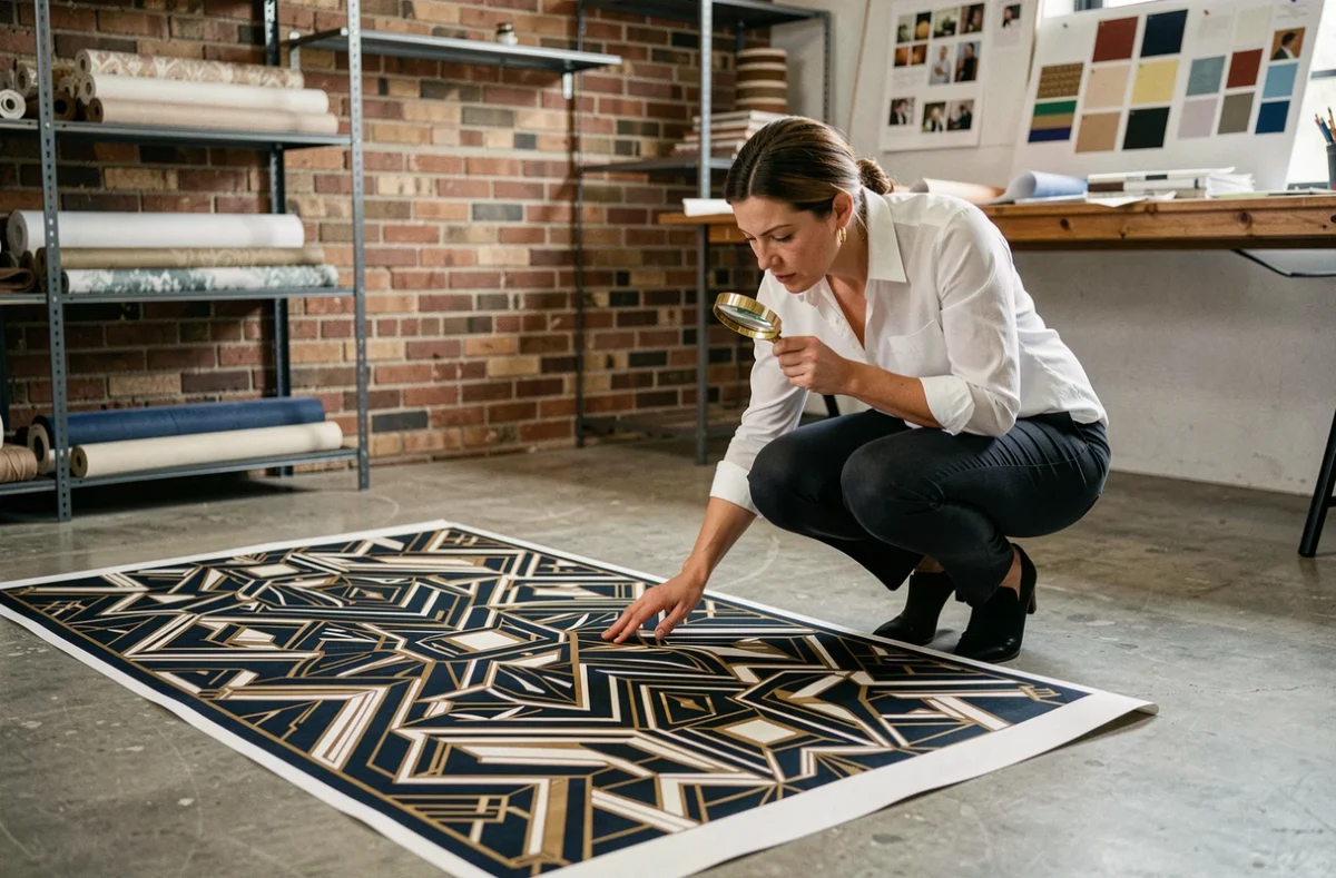 Designer intérieure examinant un panneau de plafond en toile tendue imprimée à motif géométrique Art Déco dans un studio professionnel