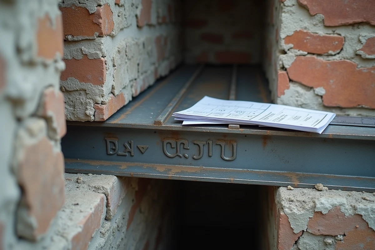 Détail d'appui d'un IPN métallique sur mur porteur avec fiche technique DTU et plaque d'assise