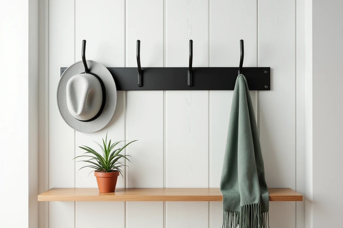 Gros plan sur des crochets en métal noir d'un porte-manteau mural scandinave avec chapeau en laine et étagère en chêne