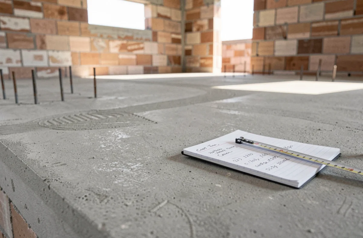Détail d'une dalle béton intérieure avec carnet de devis et mètre ruban, représentant les éléments qui influencent le coût total avec main d'œuvre