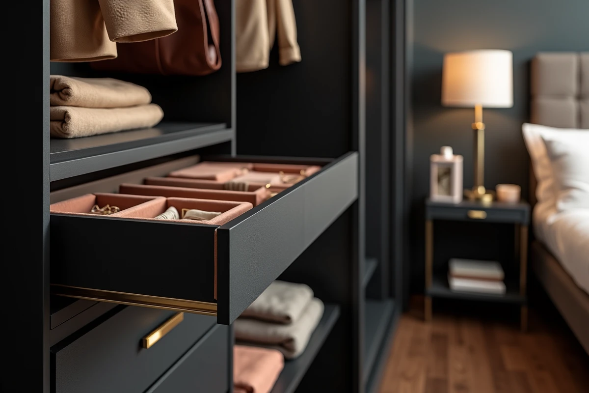 Détail intérieur d'un dressing sur mesure avec tiroir en velours, rails en laiton brossé et chemisiers en soie rangés dans une chambre aux murs anthracite