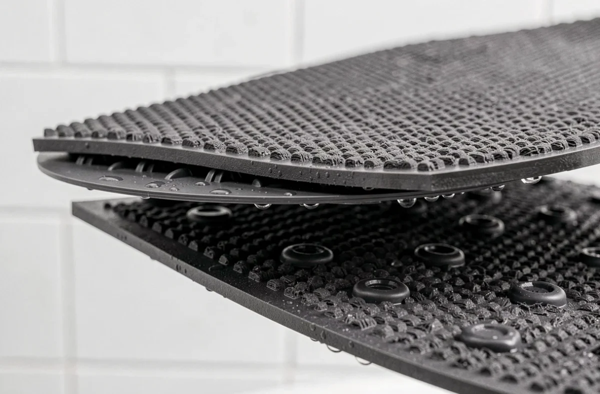 Détail des ventouses antidérapantes et de la surface texturée d'un grand tapis de baignoire gris anthracite avec gouttes d'eau