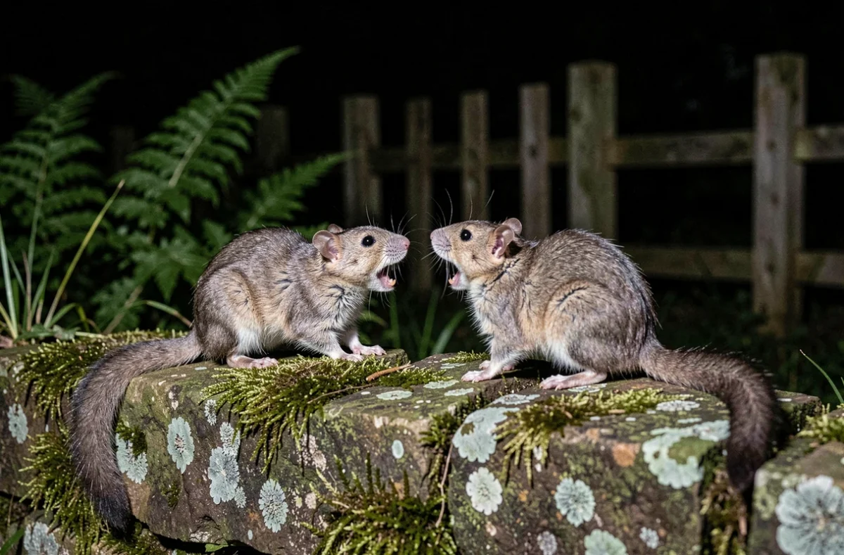 Deux loirs gris en interaction vocale sur un muret de pierre moussu dans un jardin rural la nuit