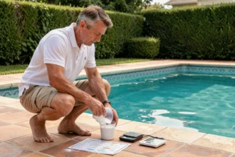 Homme dosant le chlore choc au bord d'une piscine hors-sol avec tableau de dosage par m3