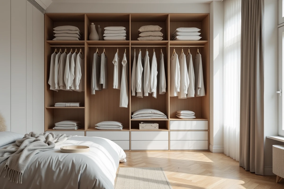 Dressing sur mesure intégré dans une chambre moderne avec parquet en chêne et literie en lin, présentant des vêtements soigneusement rangés sur des étagères ouvertes et des tringles