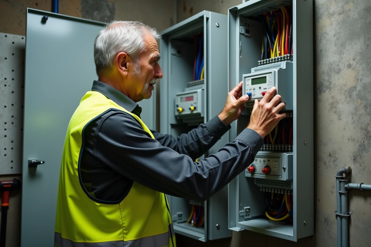 Électricien installant un sous-compteur électrique dans un tableau de distribution en sous-sol