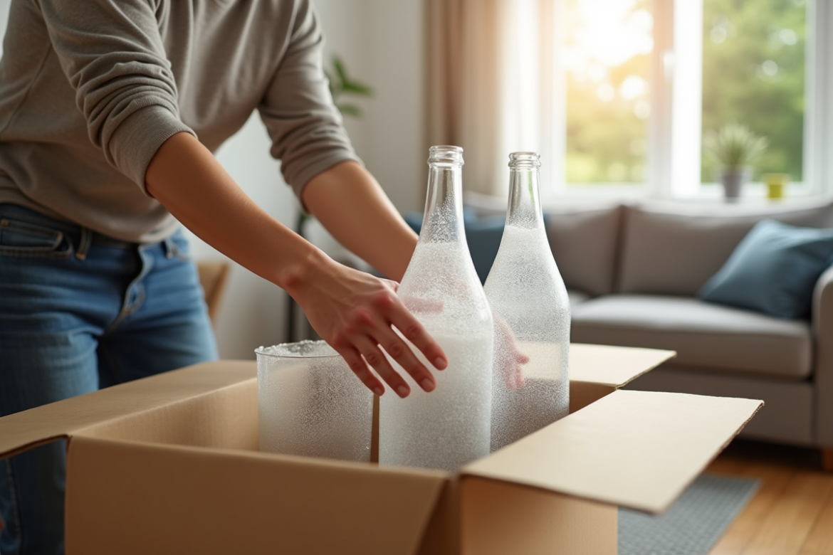 Personne emballant des bouteilles dans un salon lumineux