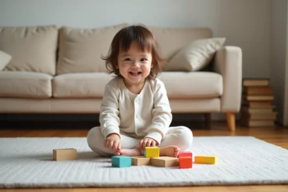 Petite fille joue avec des blocs en bois colorés dans un salon moderne