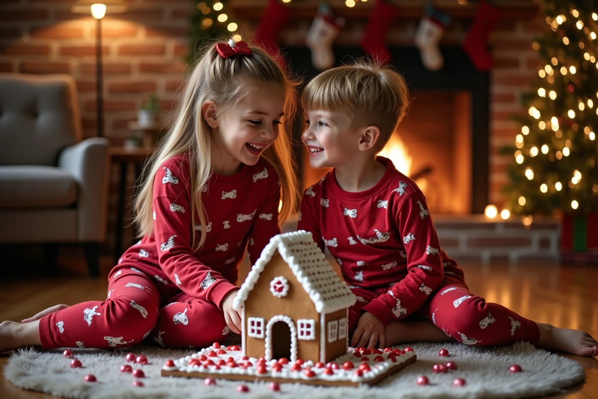 Enfants en pyjamas de Noël construisant un gingerbread