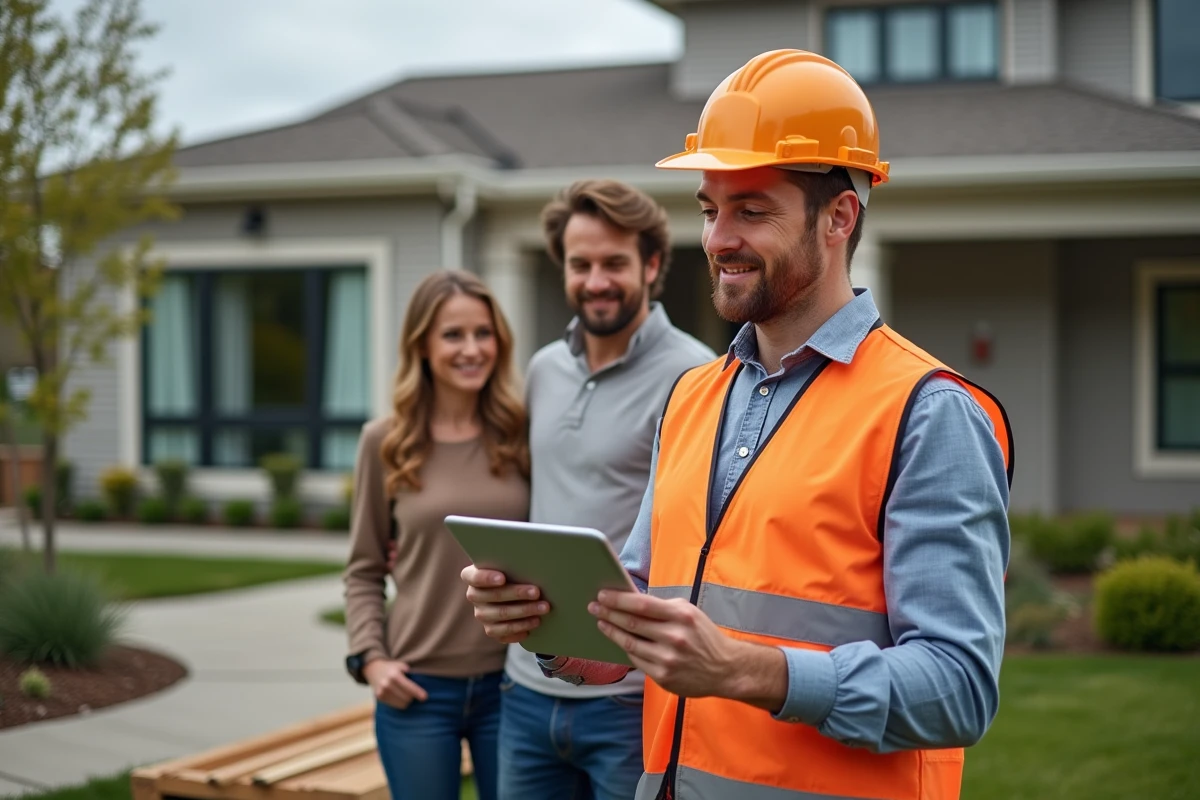 Jeune entrepreneur discutant travaux devant maison