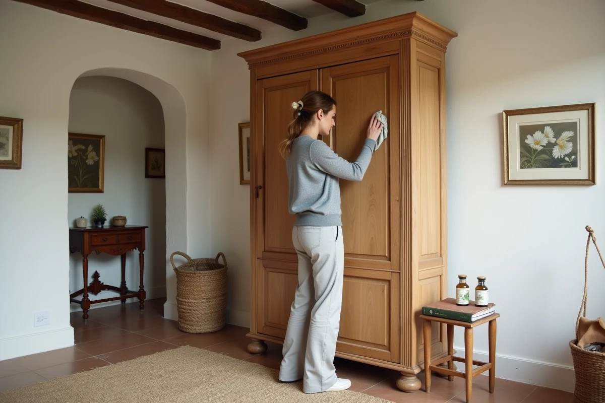 Femme entretenant une grande armoire normande en chêne avec des produits naturels dans une maison de maître à la campagne