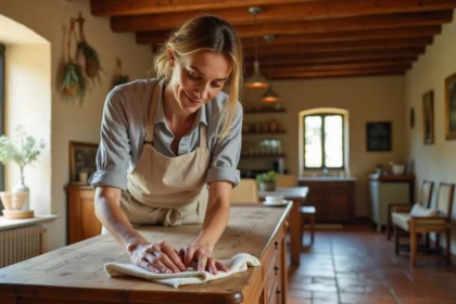 Femme entretenant un meuble en chêne massif de style campagne française avec de la cire d'abeille dans une cuisine provençale