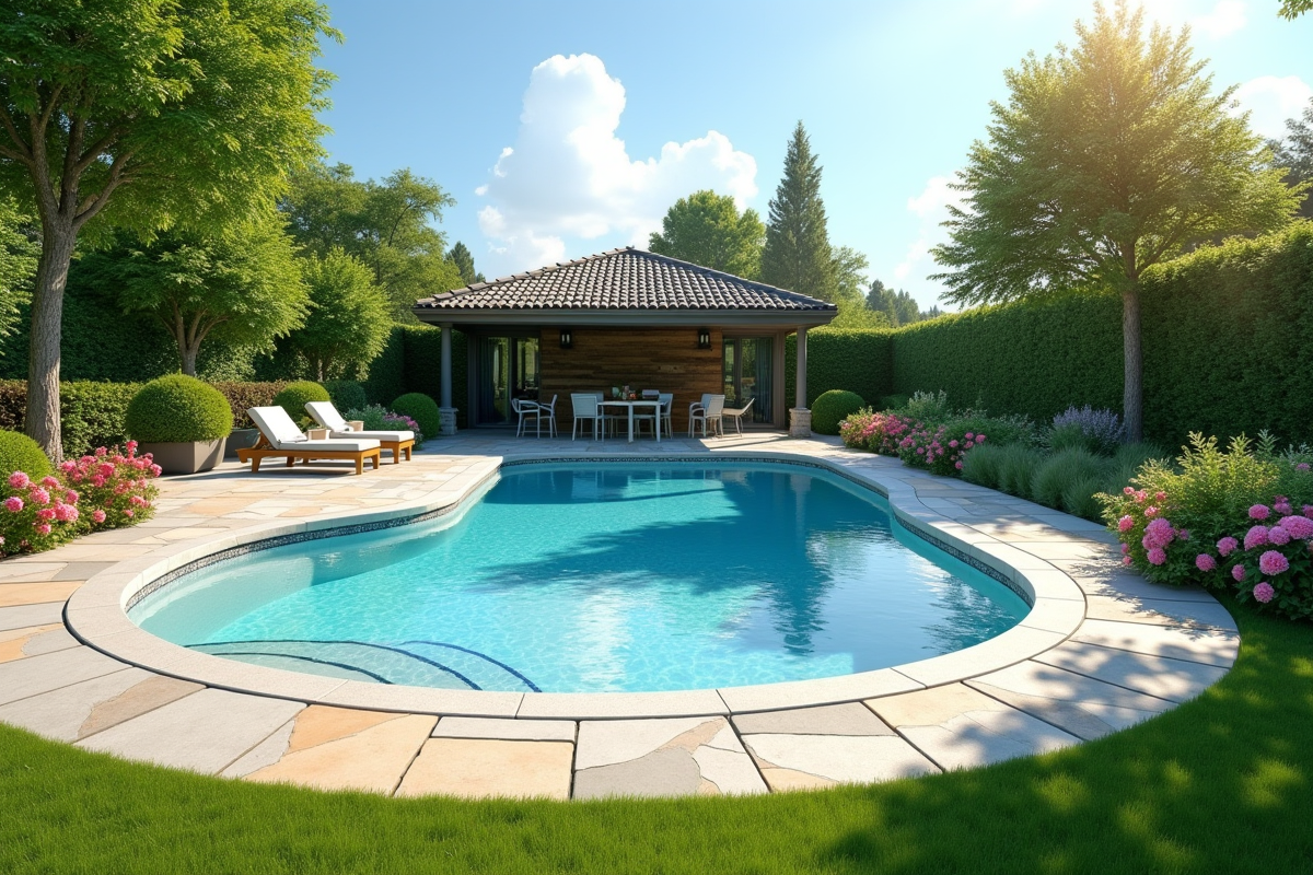 Espace piscine familial avec jardin fleuri et clôture sécurisante