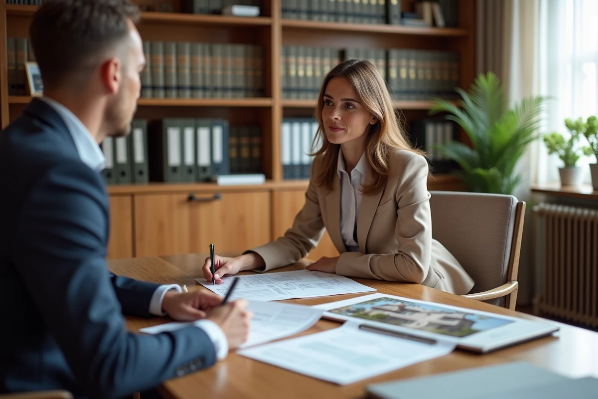 Propriétaire discutant d'un certificat de performance énergétique avec un agent immobilier avant une revente