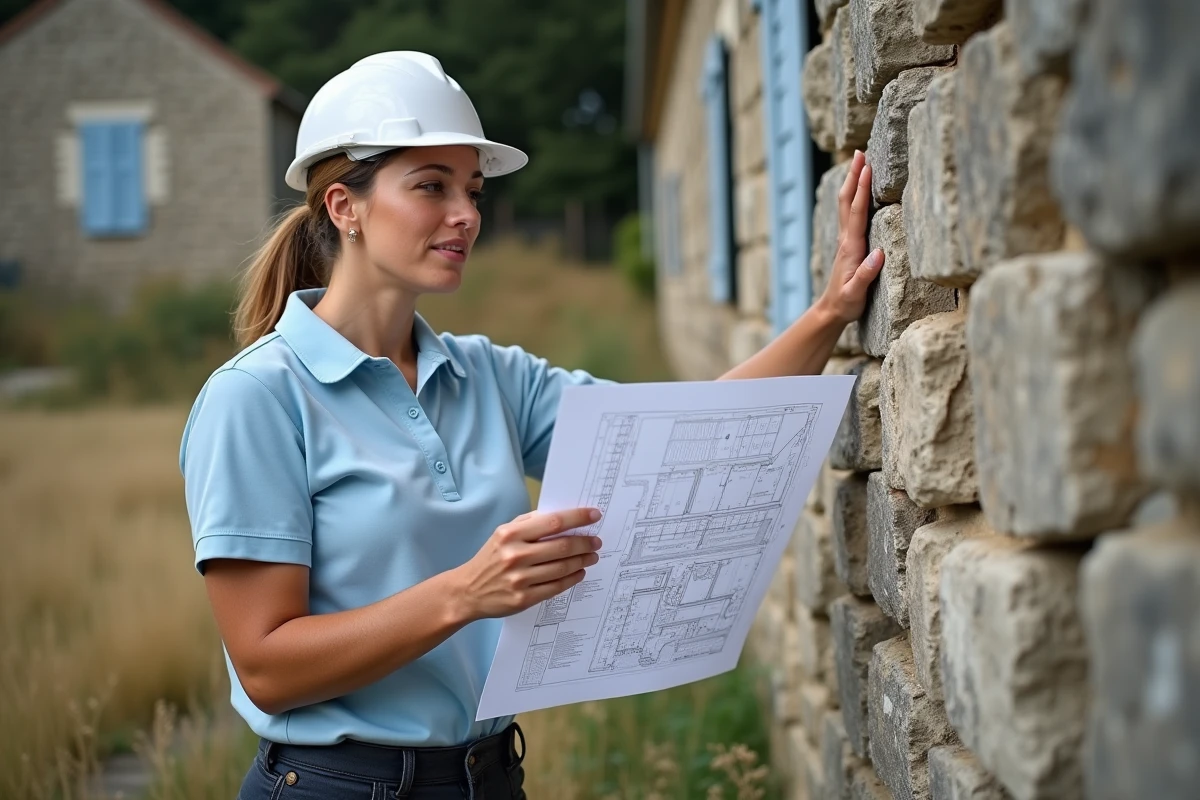 Architecte ou technicienne évaluant l'état d'un mur extérieur en pierre de moellon avant travaux d'isolation