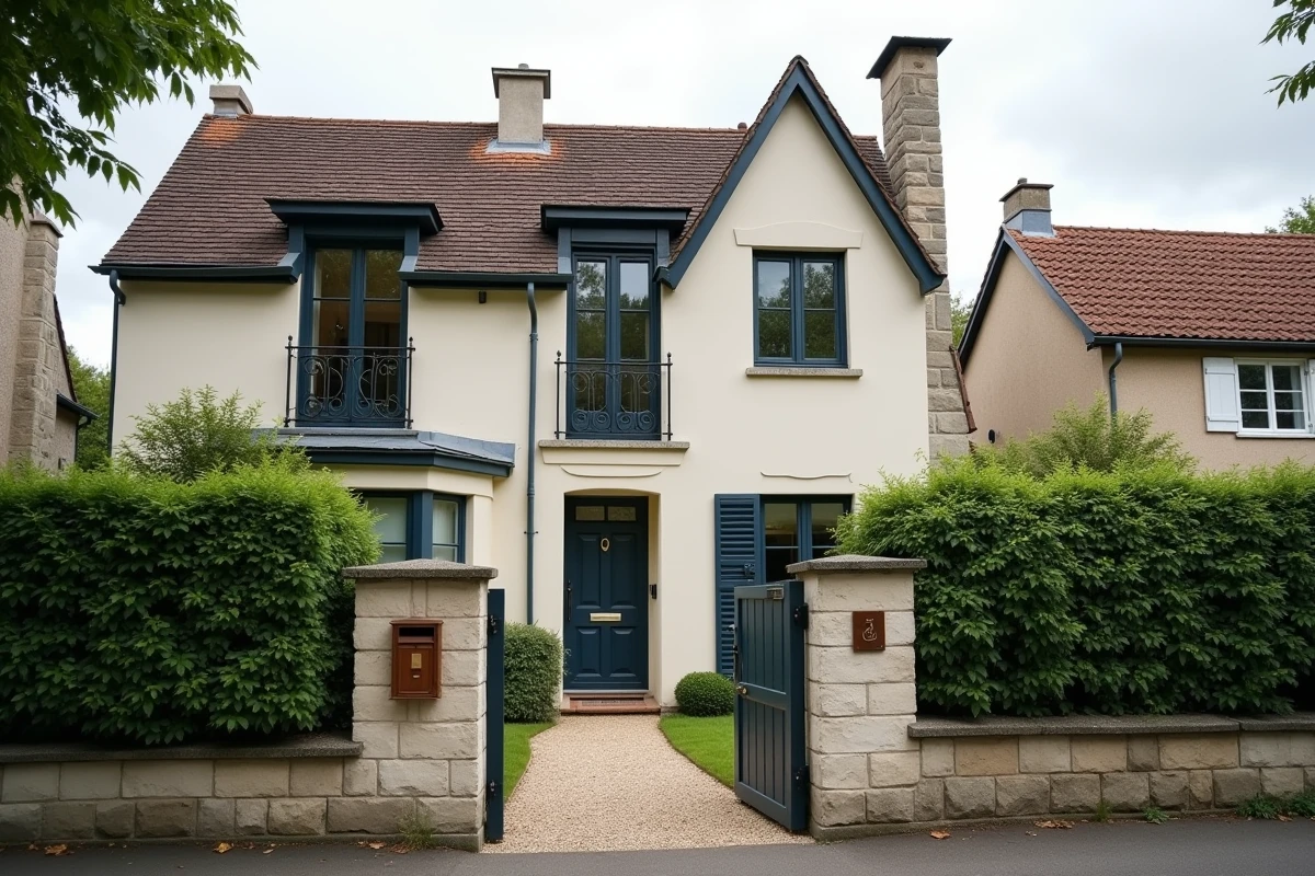 Façade d'une maison individuelle française de 120m2 en banlieue résidentielle, illustration pour assurance habitation