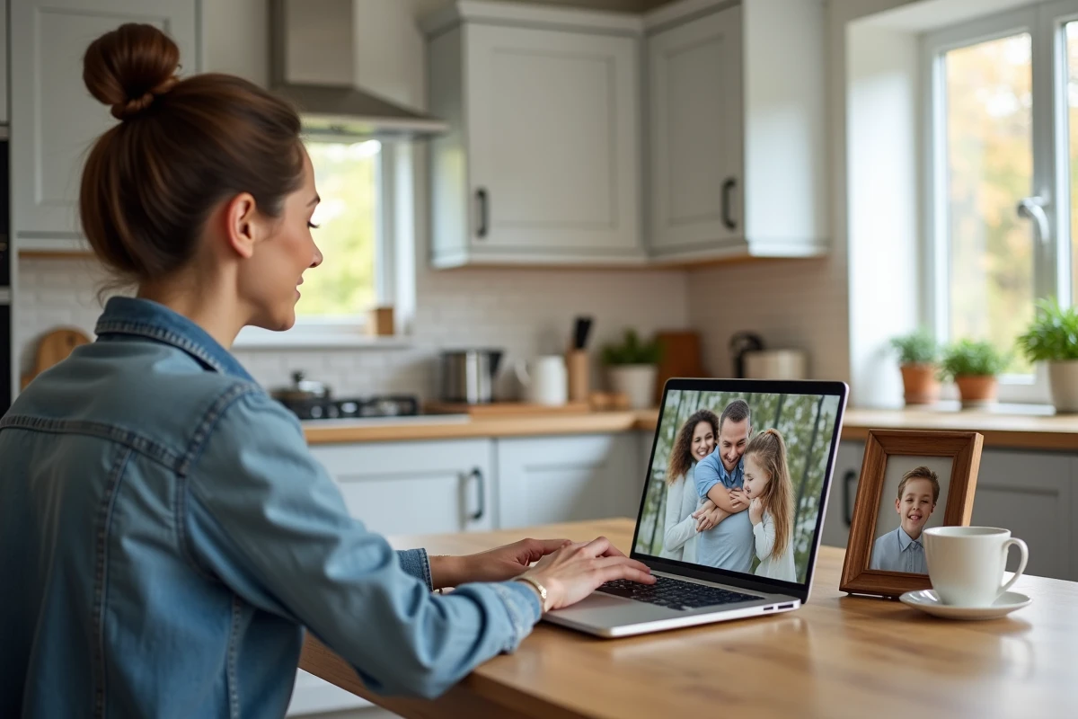 Femme envoyant des photos à distance sur un cadre connecté depuis son domicile pour rester en lien avec un proche en maison de retraite
