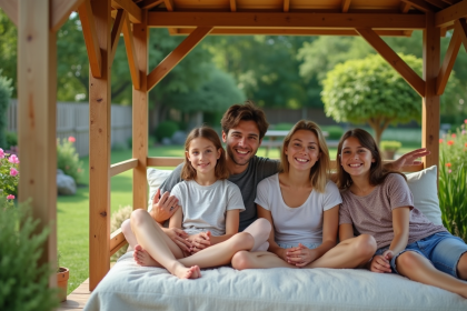 Famille souriante sous un gazebo en jardin en été
