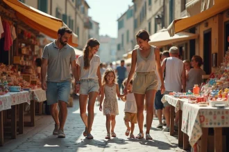 Famille française au marché de Montpellier avec jouets vintage