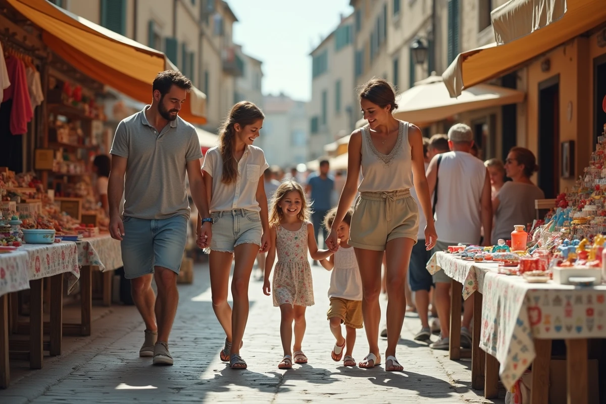 Famille française au marché de Montpellier avec jouets vintage